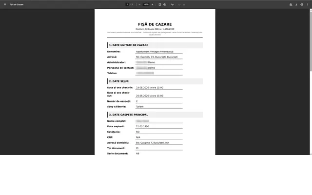 BnBFlow: Check-in · accommodation form (fișă de cazare)