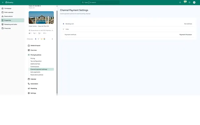 Guesty: Property · pricing · channel payment settings