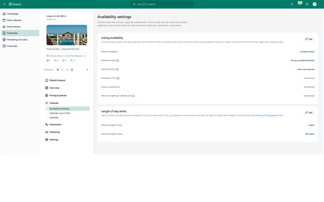 Guesty: Property · calendar · availability settings