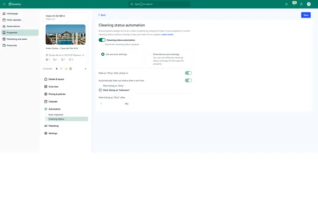 Guesty: Property · automation · cleaning settings