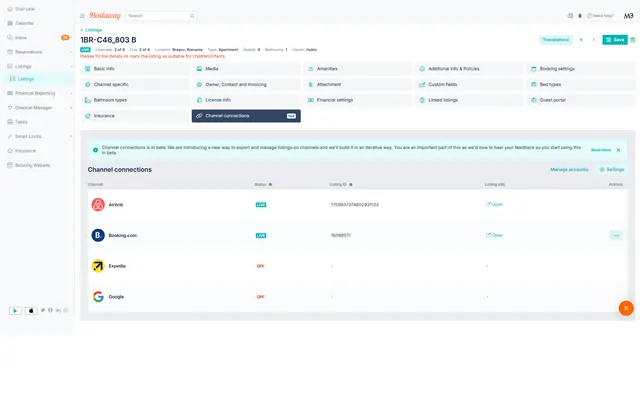 Hostaway: Listing · details · edit channel connections